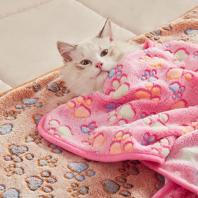 Luciphia 1 Pack 3 Blankets Super Soft Fluffy Premium Fleece Pet Blanket Flannel Throw for Dog Puppy Cat Paw Brown/Pink/White Large(41x31 inch)