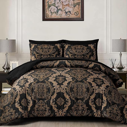 WONGS BEDDING Black Comforter Set California King Size, Gold Damask 7 Pieces Bed in a Bag Microfiber Comforter Bedding Sets -1 Comforter, 1 Flat Sheet, 1 Fitted Sheet, 2 Pillow Shams, 2 Pillowcases