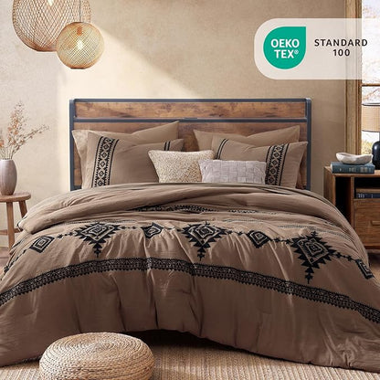 MaiRêve Embroidery Full Size Comforter Set Brown, Farmhouse Western Boho Bedding Set 7 Pieces, All Season Bed in A Bag Comforter Set with Sheets, Pillowcases & Shams