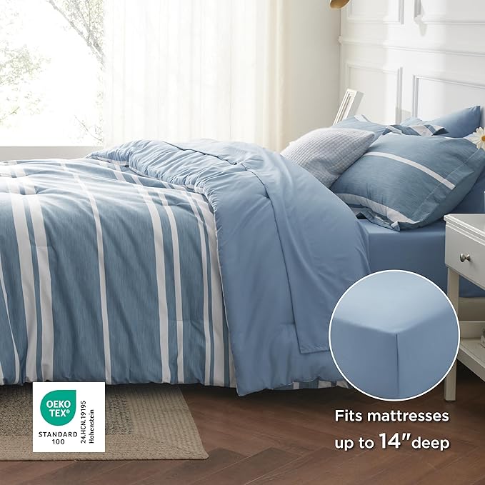 Bedsure Queen Comforter Set 7 Pieces, Grey Blue Striped Bedding Set for All Seasons, Reversible, Cationic Dyeing Bed in a Bag with Comforter, Sheets, Pillowcases & Shams