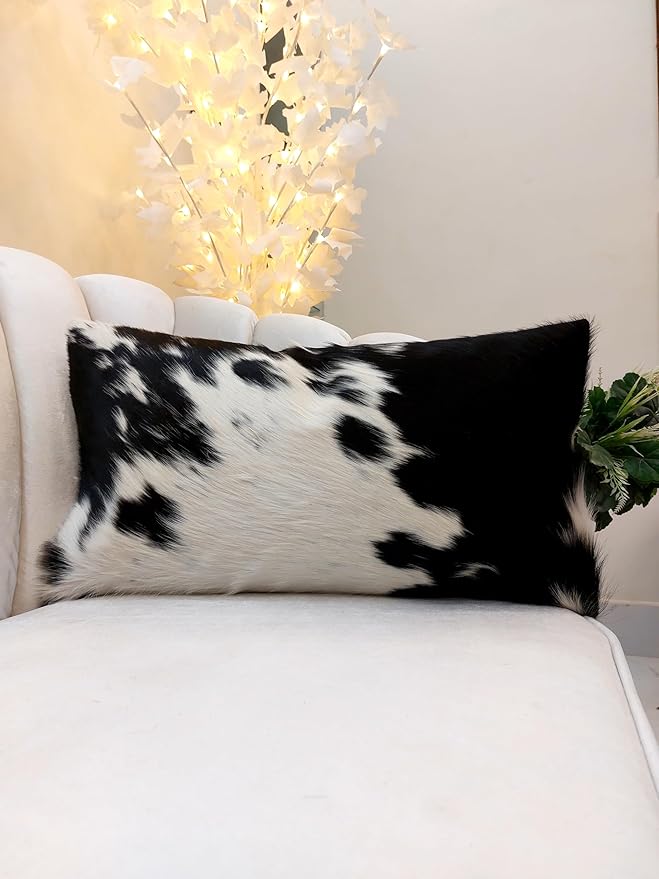 NGF Genuine Cowhide Lumber Pillows Cushion Cover - Leather Hair on 12' x 22' Throw Pillow - Handmade Leather Cushion Case with Hidden Zipper for The Living Room (Black & White, 12" x 22" Inches)