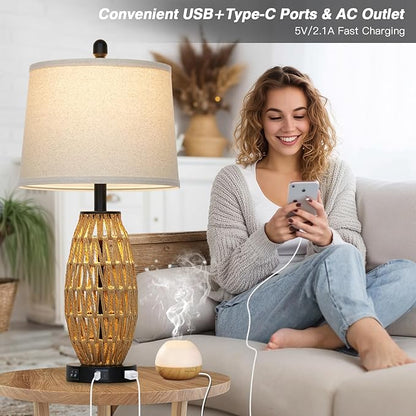 27" Rattan Table Lamps Set of 2, Boho Bedside Lamp for Bedroom with Night Light, Coastal Woven Wicker Nightstand Lamps with USB A+C Charging Port, Tall Farmhouse Living Room Lamp