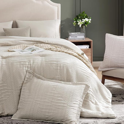 MaiRêve Full Size Comforter Set Beige, Crinkle Textured Design Boho Bedding Set 7 Pieces Bed in A Bag, All Season Geometric Comforter Set with Sheets, Pillowcases & Shams