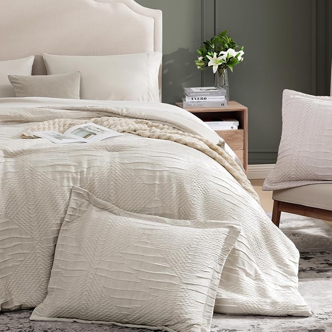 MaiRêve King Comforter Set Beige, Crinkle Textured Design Boho Bedding Set 7 Pieces Bed in A Bag, All Season Geometric Comforter Set with Sheets, Pillowcases & Shams