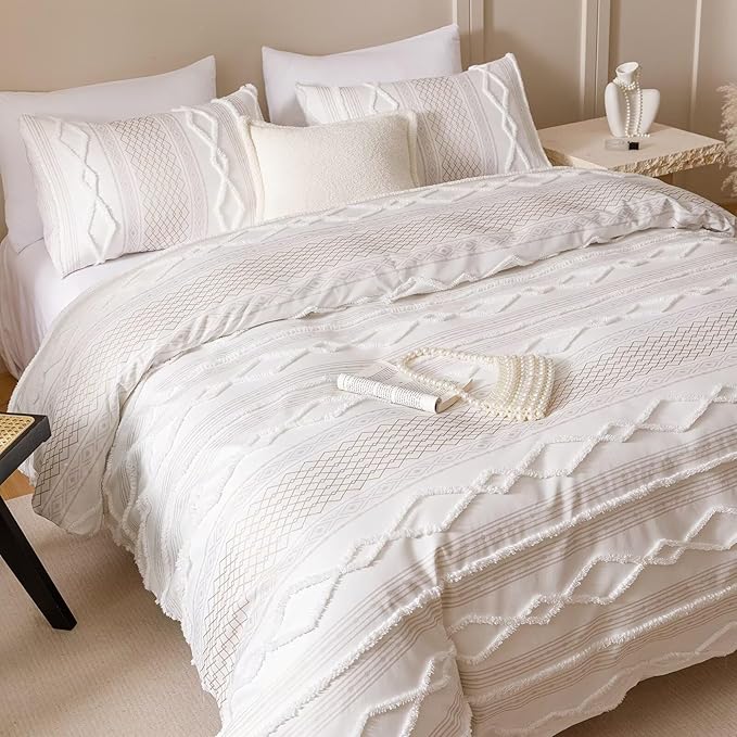 Houseri Tufted Comforter Set King Beige Jacquard Bedding Sets