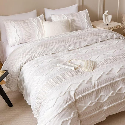 Houseri Tufted Comforter Set Twin Beige Jacquard Bedding Sets