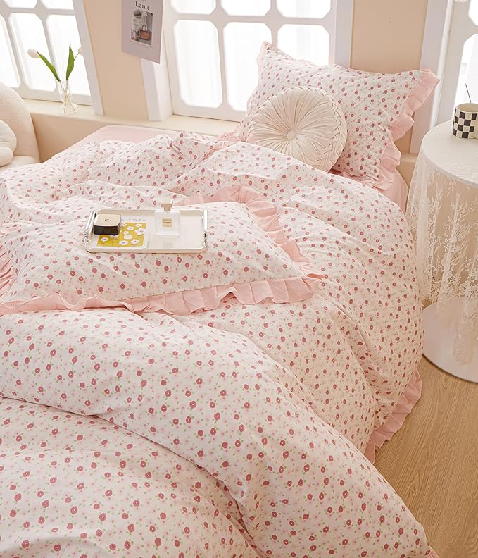 HighBuy Pink Floral Comforter Set Twin XL Ruffled Lace Bedding Comforter Sets for Teen Girls Coquette Cottagecore Fluffy Comforter Set Cute Botanical Bed Comforter Sets
