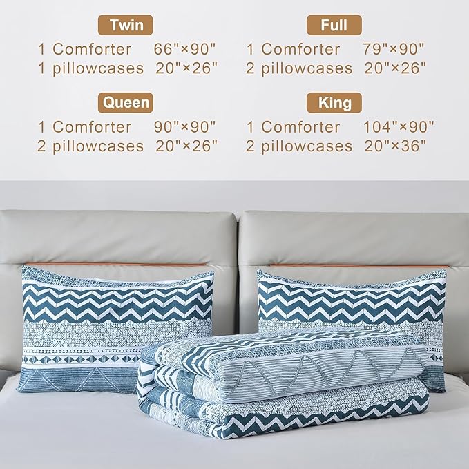 BOLINLIVING Comforter Set Queen Size, Boho Bed in a Bag 3 Pieces, Queen Soft Bohomian Comforter Set, Lightweight Breathable for All Seasons,1 Comforter & 2 Pillowcases (Blue 90×90 inch)