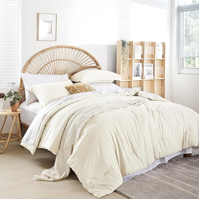Weigelia Twin Bedding Set Microfiber 5 Pieces Ivory Twin Bedding Set All Season Soft Lightweight Comforter Set Bed in a Bag Twin Set with Comforters, Flat & Fitted Sheets, Pillowcases & Shams