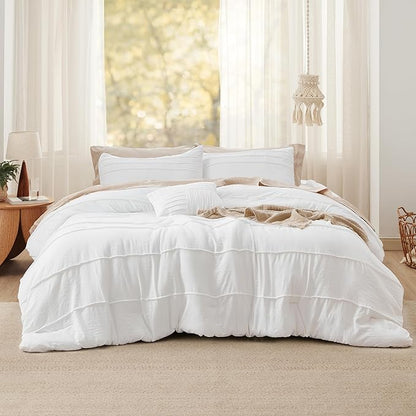 Bedsure White Oversized Queen Comforter Set - 4 Pieces Pinch Pleat Bed Set, Down Alternative Bedding Sets for All Season, 1 Comforter, 2 Pillowcases, 1 Decorative Pillow