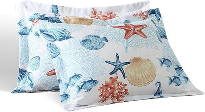 Caribbean Joe Full/Queen 3-Piece Comforter Set, Tropical Coastal Beach Design Bedding, Seashells