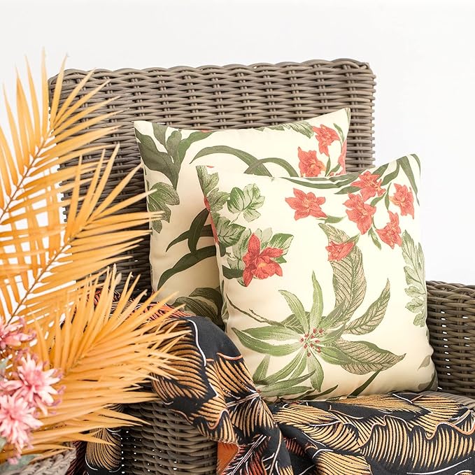 JMGBird Weather-Resistant Outdoor Pillows Set of 2, 18x18 inch Durable Red Flowers Yellow Background Throw Pillows with Inserts for Patio Furniture