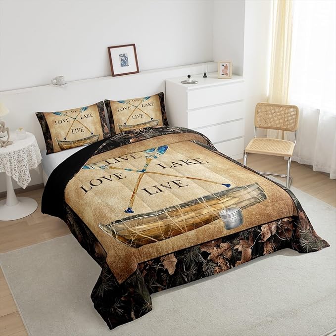 Erosebridal Lake House Bedding Sets Rustic Farmhouse Twin Size Comforter Set Camo Lake Paddles Boat Fishing Quilt Bedding Sets Gifts for Lake Lovers,Tree Camouflage Farmhouse Cabin Bed Set 2 Pcs