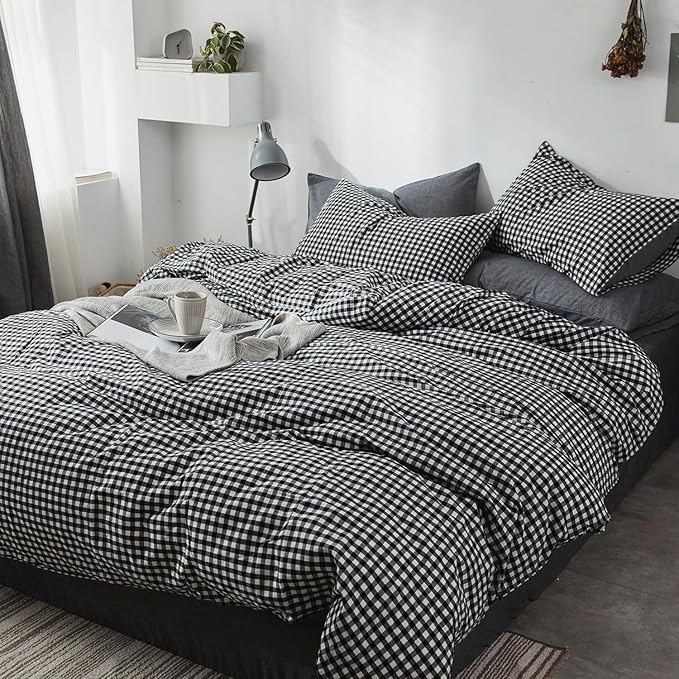 mixinni Black Gingham Comforter Set King, Plaid Comforter Set 3 Pieces 1 Black Grid Comfoter with 2 Pillow Cases for All Seasons, Soft Fluffy Modern Grid Pattern Printed Bedding-King Size