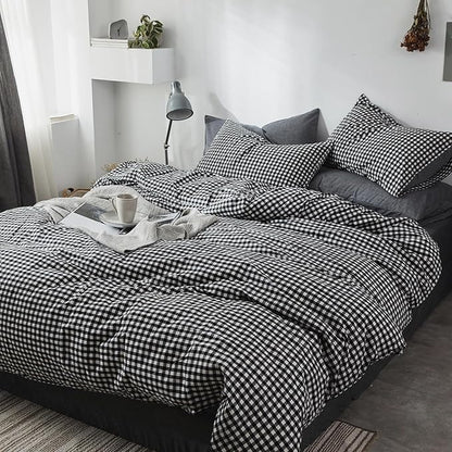 mixinni Black Gingham Comforter Set King, Plaid Comforter Set 3 Pieces 1 Black Grid Comfoter with 2 Pillow Cases for All Seasons, Soft Fluffy Modern Grid Pattern Printed Bedding-King Size