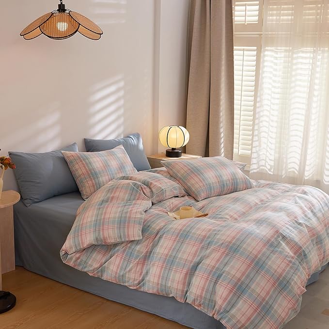 HighBuy Blue Gingham Comforter Set King Plaid Checkered Pattern Bedding Comforter Set 3 Pieces Grid Gingham Print Comforter Set 1 King Comforter with 2 Pillowcases Chic Modern Plaid Bedding