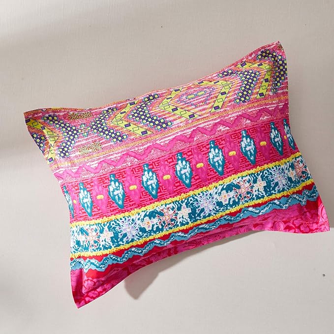 Flysheep Boho Bed in a Bag 6 Pieces Twin Size, Colorful Bohemian Tribal Pink n Blue Floral Reversible Bed Comforter Set (1 Comforter, 1 Flat Sheet, 1 Fitted Sheet, 2 Pillow Shams, 1 Pillowcase)