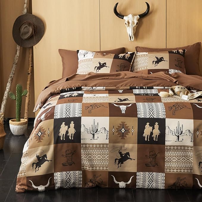 Wake In Cloud - Western Comforter Set, Southwestern Aztec Country Horse Cowboy Rustic Ranch Pattern Printed, Soft Lightweight Bedding, 3 Pieces, Tan Brown, King Size