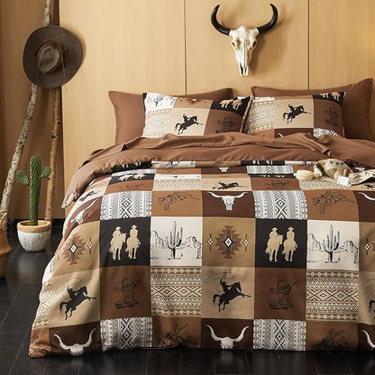 Wake In Cloud - Western Comforter Set, Southwestern Aztec Country Horse Cowboy Rustic Ranch Pattern Printed, Soft Lightweight Bedding, 3 Pieces, Tan Brown, Queen Size