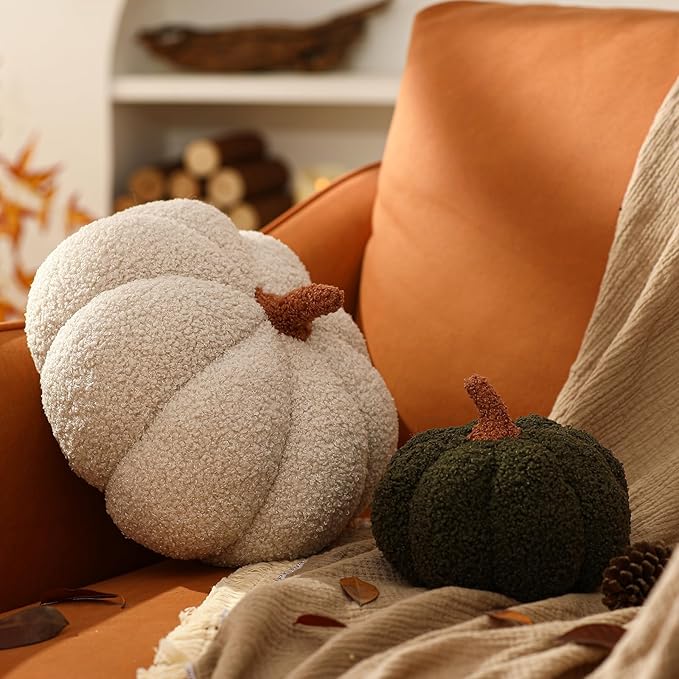 YRXRUS Pumpkin Pillows, Halloween Pumpkin Pillow Set of 2, Off White Green Throw Pillows Fall Room Decoration, Teddy Fleece 6x12&4x7 Inches Accent Cushion Gifts for Holiday