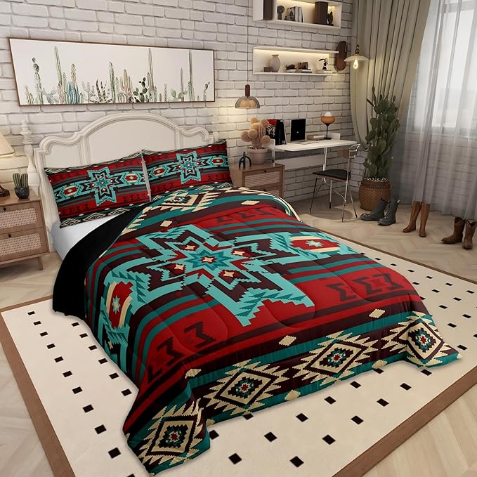 Western Comforter Set Full Size,Southwest Tribal Bedding Set Retro Aztec Pattern Quilted Duvet 3pcs for Kids Girls Boys Women Room Decor,Brown Red and Cyan Stripes Duvet Insert,2 Pillowcases