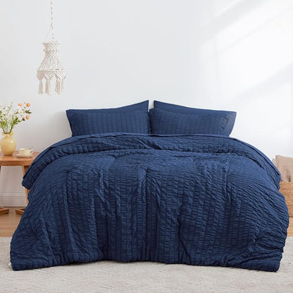 Love's cabin Seersucker Dark Blue California King Comforter Set, 7-Piece All Season Lightweight Bed in a Bag Bedding Set with Comforter, Flat Sheet, Fitted Sheet, Pillowcases and Shams | Soft, Breathable, Lightweight