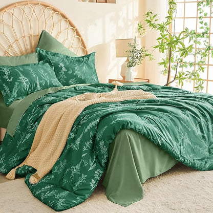MUXHOMO Emerald Green Bed in a Bag Queen 7 Pieces, Queen Comforter Set Reversible Botanical Flowers Design, Ultra Soft & Breathable Bedding Sets with Comforter, Sheets, Pillowcases & Shams