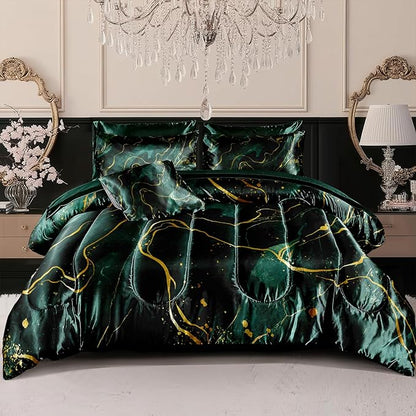Green Marble Comforter Sets Queen Silky Satin Bedding Emerald Green Gold Marble Stone Texture Silk Like Abstract Bed in A Bag with Comforter and Sheet Set