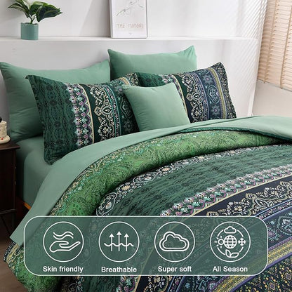 Boho Green Comforter Set Full Size,8 Piece Bed in a Bag Bohemian Striped Bedding Quilt Set,Dark Green Paisley Floral Comforter and Sheet Set,Soft Microfiber Complete Bedding Sets for All Season