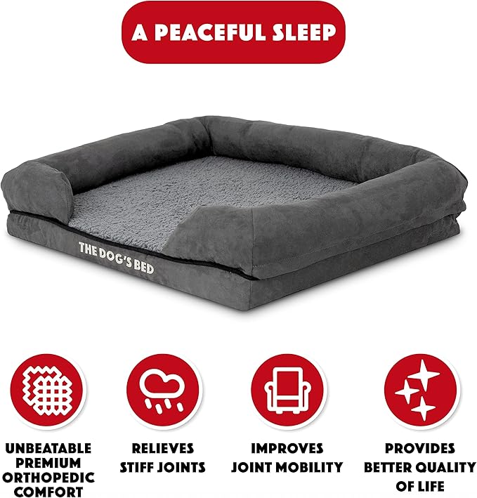 The Dog’s Bed Orthopedic Memory Foam Dog Bed with Bolsters, Plush Fabric, Grey Plush, S