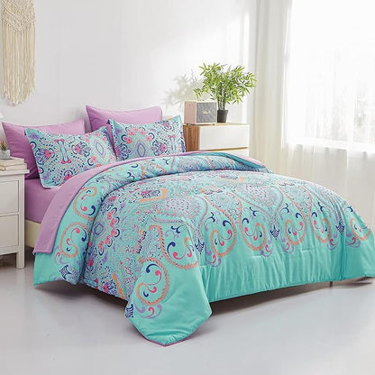 Twin Comforter Set, 5 Piece Bed in a Bag, Boho Aqua and Lilac Damask Medallion Print Comforter with Sheets, Soft Microfiber Complete Bedding Set for All Season (Aqua, Twin)