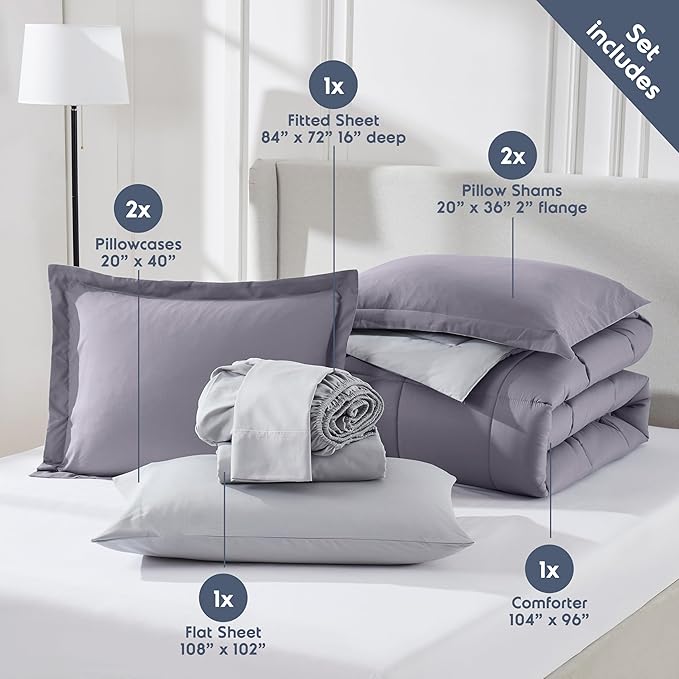 Nestl 7 Piece California King Comforter Set – Grayish Purple Reversible Bed in a Bag – Complete Cal King Size Bedding Set with Sheets, Pillowcases and Shams