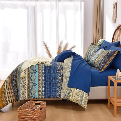 Cottolester Boho King Comforter Set 8 Pieces,Brown Blue Bohemian Comforter Paisley Striped Bed in A Bag,Soft Microfiber Bedding Set for All Season