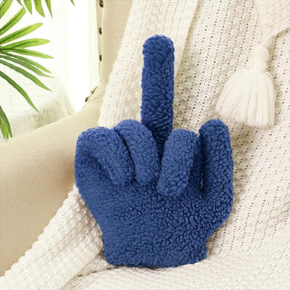 Menkxi Small Middle Finger Decorative Pillow 13.78 x 9.84 in Funny Shaped Sherpa Fleece Throw Pillow Warm Soft Emoticon Cushion Middle Finger Decor for Couch Gag Gift(Navy Blue)