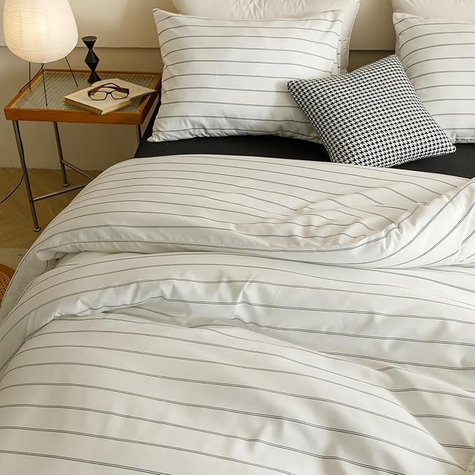 CLOTHKNOW Striped California King Comforter Set 3Pcs White Black Bedding Comforter Sets Farmhouse Comforter Black Stripes Comforter