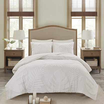 Madison Park Tufted Chenille Cotton Comforter, All Season Bedding Set, Matching Shams, Bahari, Coastal Palm Leaf Off White King/Cal King(104"x92") 3 Piece
