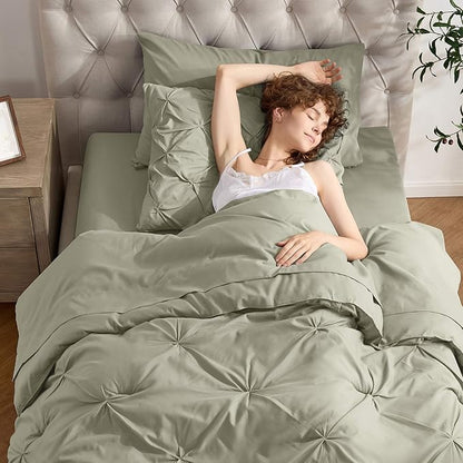 Nestl Twin Comforter Set 5 Piece, Pintuck Twin Bedding Set Light Sage, College Dorm Room Essentials for Girls and Boys Bed in a Bag Twin All Season, Twin Comforter Set with Sheets, Pillowcase and Sham