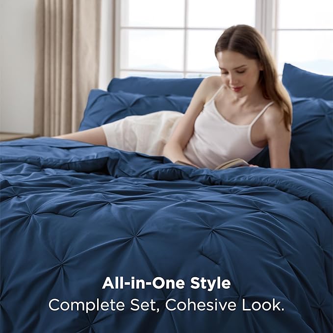 Bedsure Queen Comforter Set Navy - Bed in a Bag Queen Size Bedding 7 Pieces, GentleSoft™ Pintuck Bed Set Gift for Family, Pinch Pleat All Season Comforter with Sheets, Pillowcases & Shams