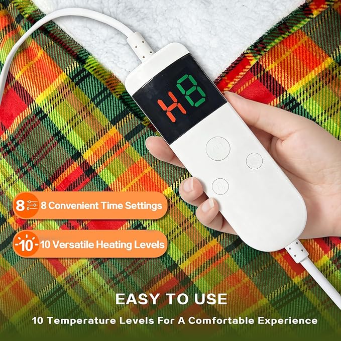Electric Blanket Heated Throw, Soft Flannel 50"x60" Plaid Heating Blanket with 8 Hours Auto Off 10 Fast Heating Levels Machine Washable Sherpa Heated Blanket with Overheating Protection