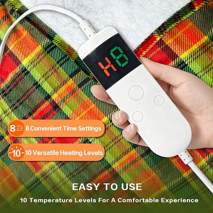 Electric Blanket Heated Throw, Soft Flannel 50"x60" Plaid Heating Blanket with 8 Hours Auto Off 10 Fast Heating Levels Machine Washable Sherpa Heated Blanket with Overheating Protection