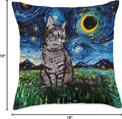 Gray Tabby Tiger Cat Starry Night Moon and Stars Artwork Throw Pillow