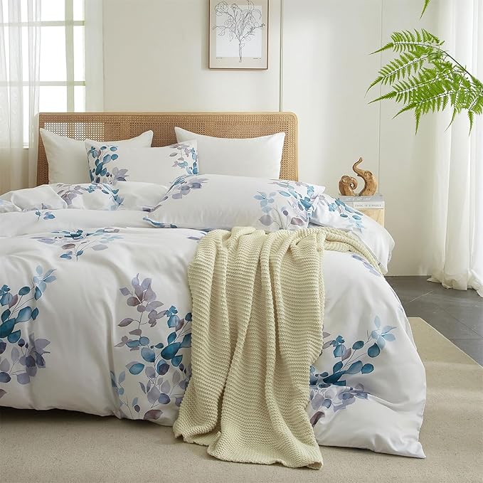 mixinni Floral White Comforter Set Full Size, Farmhouse Bedding Sets Soft Fluffy Fresh Blue/Purple Leaves Comforter for All Season, 3 Pieces Cute Floral Bedding Comforter Set for Women