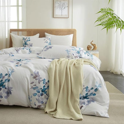 mixinni Floral White Comforter Set Full Size, Farmhouse Bedding Sets Soft Fluffy Fresh Blue/Purple Leaves Comforter for All Season, 3 Pieces Cute Floral Bedding Comforter Set for Women