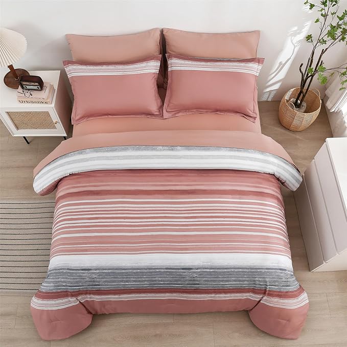 KAKIJUMN 5 Piece Bed in a Bag Stripe Comforter Set Twin Size, White Grey Blush Pink Patchwork Striped Comforter and Sheet Set, All Season Soft Microfiber Complete Bedding Sets(Pink,Twin)