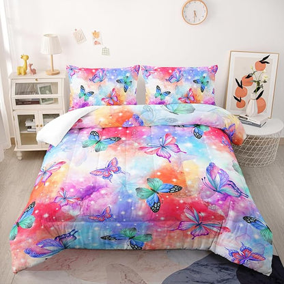 Rainbow Butterfly Comforter Sets Queen，Cute Bedding Sets for Kids,Galaxy Butterfly Comforter Sets All Season 1 Comforter and 2 Pillowcases