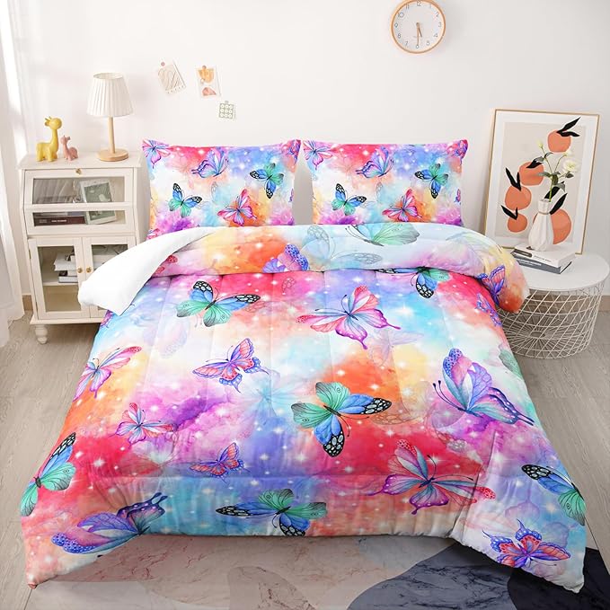 Rainbow Butterfly Comforter Sets - Twin Size, Cute Kids Bedding Sets with Galaxy Butterfly Pattern, All Season Comforter and 2 Pillowcases