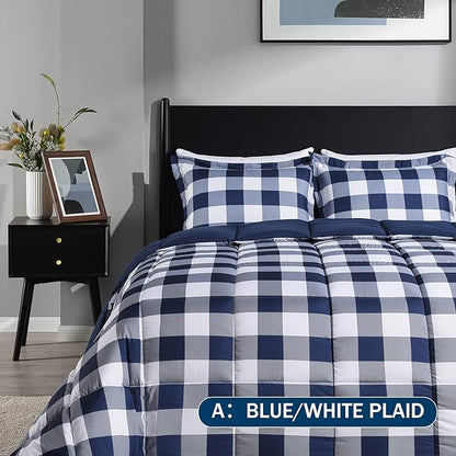 downluxe Lightweight Plaid Comforter Set (King) with 2 Pillow Shams - 3-Piece Set - Blue/White Plaid - Down Alternative Reversible Comforter