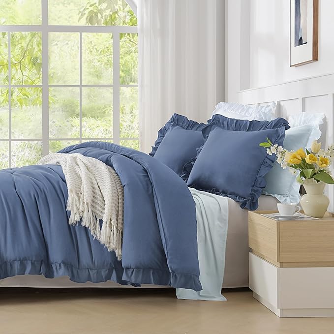 Andency Ocean Blue Comforters Queen Size, 3 Pieces Solid Shabby Chic Farmhouse Bedding Comforters & Sets, Lightweight Fluffy All Season Soft Down Alternative Bed Set for Women Men