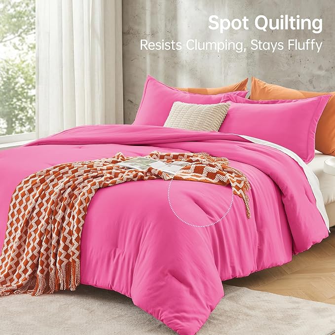 MUXHOMO Queen Comforter Set, All Season Ultra Soft Down Alternative Bedding - 3 Piece Lightweight Bed Set Includes 1 Comforter (90"x90") and 2 Pillow Shams (20"x26"), Hot Pink