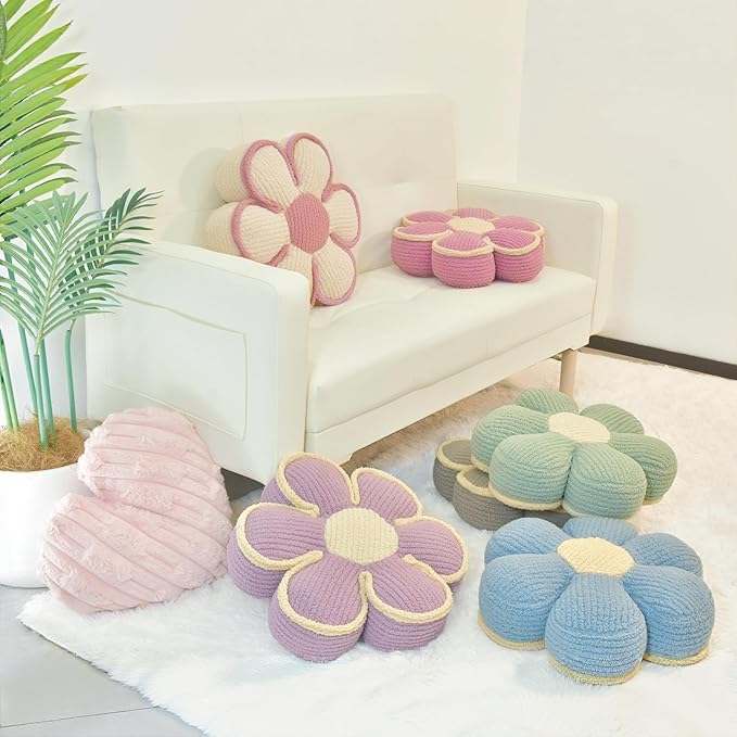 Beige Preppy Throw Pillow Decorative Flower Pillows 16" Cute Soft Fluffy Daisy Shaped Floor Cushion Aesthetic for Sitting Chair Couch Bed Room Bedroom Decor (1, Beige, 16 Inch)